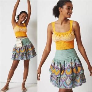Anthropologie Let Me Be Tiered Paisley Boho Green Cotton Mini Skirt Size XXS